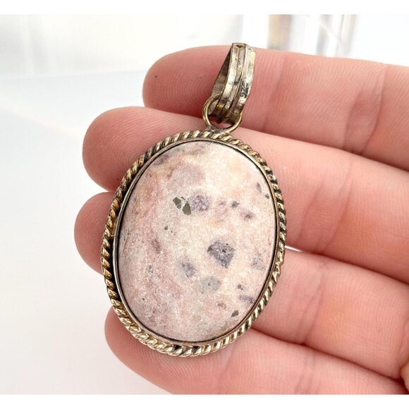 Multi Shade Pink Jasper Natural Stone Oval Sterling Silver 925 Vintage Pendant - Picture 1 of 10